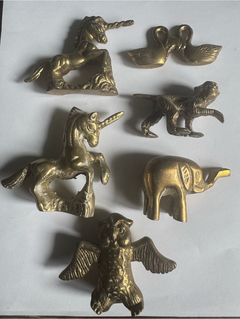 Vintage Brass Animal Miniatures Lot of 6 - Unicorn Owl Elephant Tiger Swans